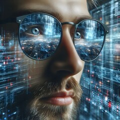 Man with glasses looking at data code in the matrix