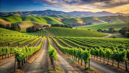 Sticker - Vineyard landscape with rows of grapevines stretching towards rolling hills , winery, agriculture, scenic, rural