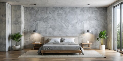 Canvas Print - Minimalist bedroom with rough textured plaster walls in light grey , minimalism, bedroom, monochromatic, color scheme, texture