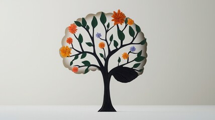 A stylized tree with colorful flowers and green leaves, creatively designed with intricate, cut-out details against a light background.