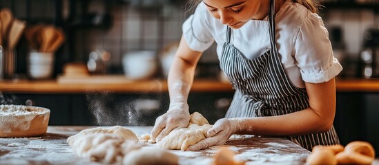 Young Baker Kneading Dough in Kitchen