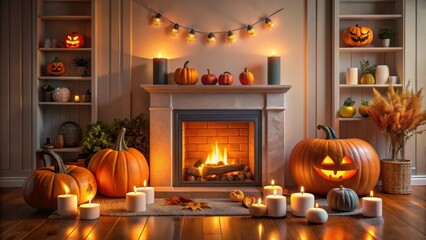 Wall Mural - Simple Halloween decor in the living room, pumpkins and a glowing fireplace, Halloween, decor, living room, pumpkins, glowing