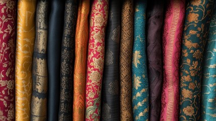 Sticker - A beautiful assortment of luxurious Indian fabrics featuring intricate patterns and colors, embodying modern elegance and traditional beauty.