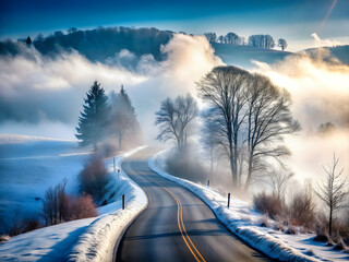 Wall Mural - Winter Road Through Misty Valley 