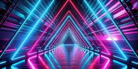 Wall Mural - Abstract neon tunnel with glowing pink and blue shapes, flying forward through triangular corridor, neon, abstract, background
