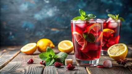 Poster - A refreshing glass of iced hibiscus tea with lemon and mint , hibiscus, tea, drink, cold beverage, glass, ice, refreshing, lemon