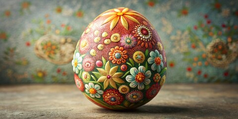 Poster - Intricately decorated Easter egg with floral patterns on textured background, Easter, egg, decoration, floral