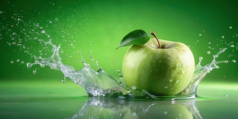 Wall Mural - Water splashing on a green apple and cut slice with seed on a green background, green apple, water splashing, cut slice, seed, fresh