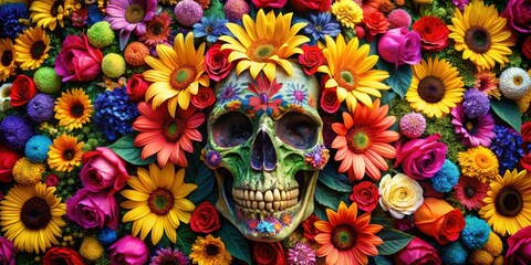 Wall Mural - Colorful skull decorated with vibrant flowers like roses, daisies, and sunflowers in a cheerful and vibrant scene, skull