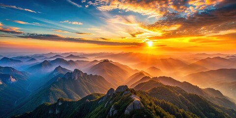 Sticker - Top view of mountains at sunset, mountains, sunset, aerial view, golden hour, nature, landscape, scenic, panoramic