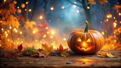 Canvas Print - Enchanting autumn Halloween background with a pumpkin glowing with fairy lights , autumn, Halloween, background