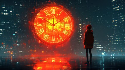 Wall Mural - A figure gazes at a glowing clock in a futuristic cityscape.