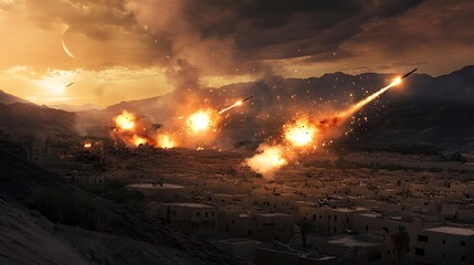 Wall Mural - Missile Strike on a Desert City at Sunset