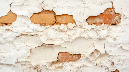 image showcases textured wall surface with peeling paint and exposed bricks, creating rustic and weathered appearance. This composition evokes sense of age and character