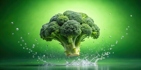 Wall Mural - Fresh broccoli floating in mid-air with water droplets glistening on its vibrant green surface, healthy, vegetable, food