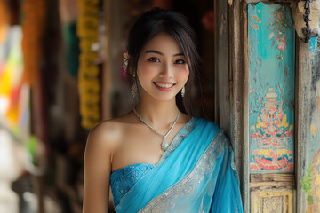 Chinese woman wearing saree traditional cloth smile at Hindu temple