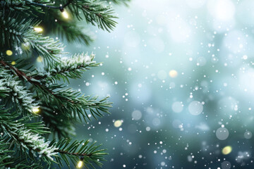 Poster - Christmas tree branch with snow and lights, creating a festive and magical ambiance.