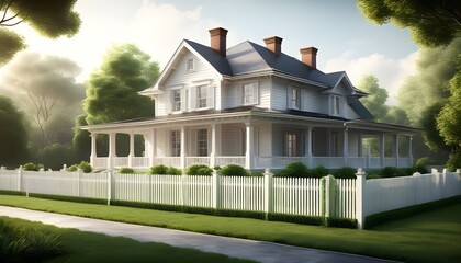 Charming vintage-style wooden house on a lush green meadow with a rustic fence, beautifully illustrated in 3D digital art.