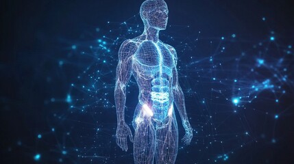 Glowing hologram of human body 3D structure with dark background 