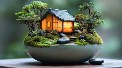 Poster - A miniature illuminated house surrounded by lush greenery and stones.