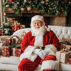 Santa Claus with Christmas Presents by the Fireplace, A Joyful and Cozy Holiday Scene