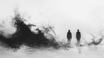 Two figures stand before a turbulent, abstract wave of black.