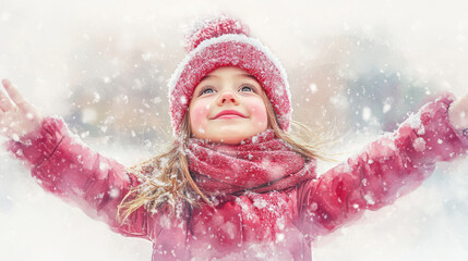 Pink watercolor painting of little girl with arms outstretched in snow