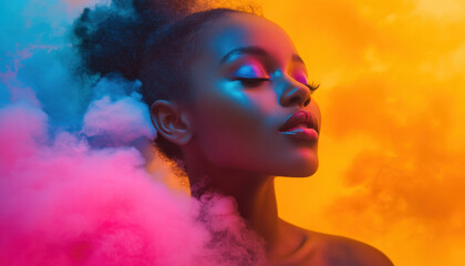 Portrait of a young Black woman with closed eyes surrounded by vibrant clouds of pink, blue, and orange hues, creating a dreamy and artistic atmosphere.