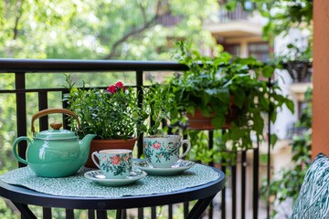 Wall Mural - Serene balcony with a small table set for tea. Herbal tea cups and a teapot are ready to enjoy