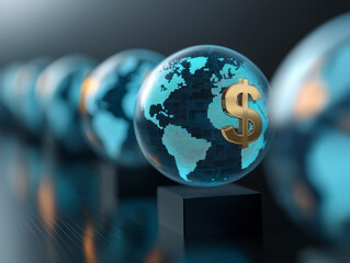 image features series of glass globes representing world, with prominent dollar symbol on one, symbolizing global economy and finance