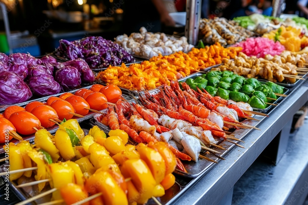 Not Food Array A colorful array of street food at a Phuket night market, with skewers ...
