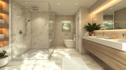 Sticker - Modern bathroom design featuring a shower, sink, and natural light.