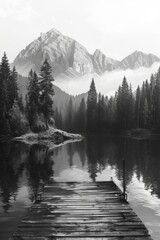 Poster - gorgeous landscape scenery with pine trees and mountains, lake, dock in foreground, realistic, black and white image 