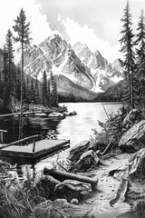 Wall Mural - gorgeous landscape scenery with pine trees and mountains, lake, dock in foreground, realistic, black and white image 