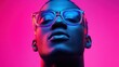 © ChimE - A vibrant neon portrait of a Black man in glasses, highlighting futuristic aesthetics and colorful lighting.