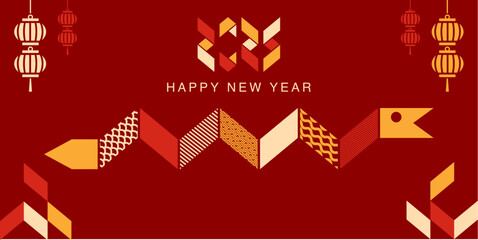 Wall Mural - chinese new year background. geometric snake's shio in gold and red 2025 lunar new year.