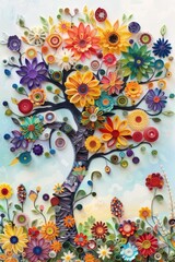 Canvas Print - A whimsical tree with colorful flowers, each flower made of round pieces of paper quilling in various colors and sizes