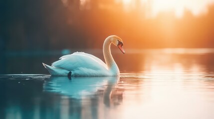 Wall Mural - A graceful swan glides smoothly over the pond, creating ripples in the serene water, surrounded by a soft, blurred backdrop.