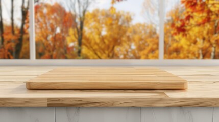 Wall Mural - A closeup shot of a rustic wooden countertop against a blurred backdrop of a sleek kitchen and vibrant autumn outdoors.