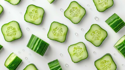 Poster - Experience the fresh look of sliced cucumbers with droplets, beautifully arranged in a captivating pattern from above.