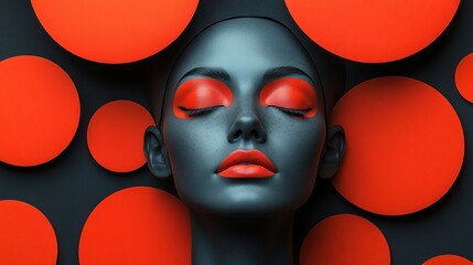 Canvas Print - A stylized mannequin with bold red makeup against a circular backdrop.