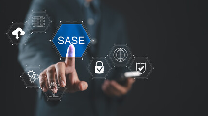 Fototapete - SASE, Secure Access Service Edge concept, security framework that integrates software-defined wide area networking (SD-WAN). Person touching SASE icons on virtual screen.