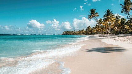 A pristine beach with soft white sand, calm turquoise waves, and palm trees swaying in the breeze under a clear sunny sky, creating a tropical paradise