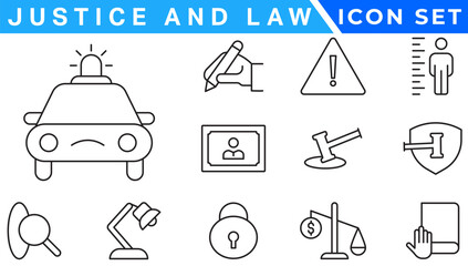 Justice icon set. Containing justice law, court legal, lawyer, judgment, authority, criminal and prison icons. Vector illustration. Solid icon collection