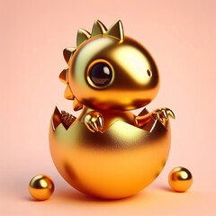 Wall Mural - a cute, cool and hip gold shinny metallic futuristic dinosaur hatching from an easter egg,