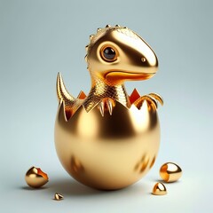 Wall Mural - a cute, cool and hip gold shinny metallic futuristic dinosaur hatching from an easter egg,