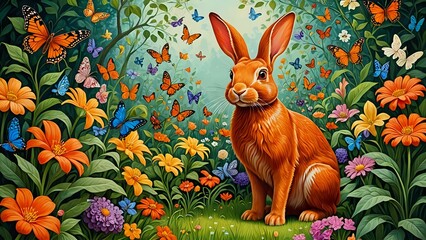 Wall Mural - A whimsical illustration of a rabbit surrounded by beautiful butterflies and flowers in a lush garden.