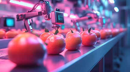 Robotic arms with advanced sensors scanning food items under laser light, detecting microscopic details at an ultra-modern industrial station