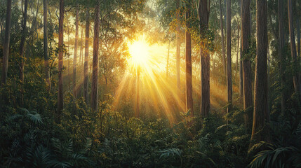 Wall Mural - Magical sunset in the forest. Fantasy woodland background.