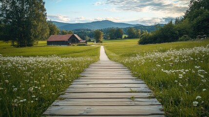 Wall Mural - A clean platform on a green farm with a village road in the background, ideal for showcasing products with a natural,